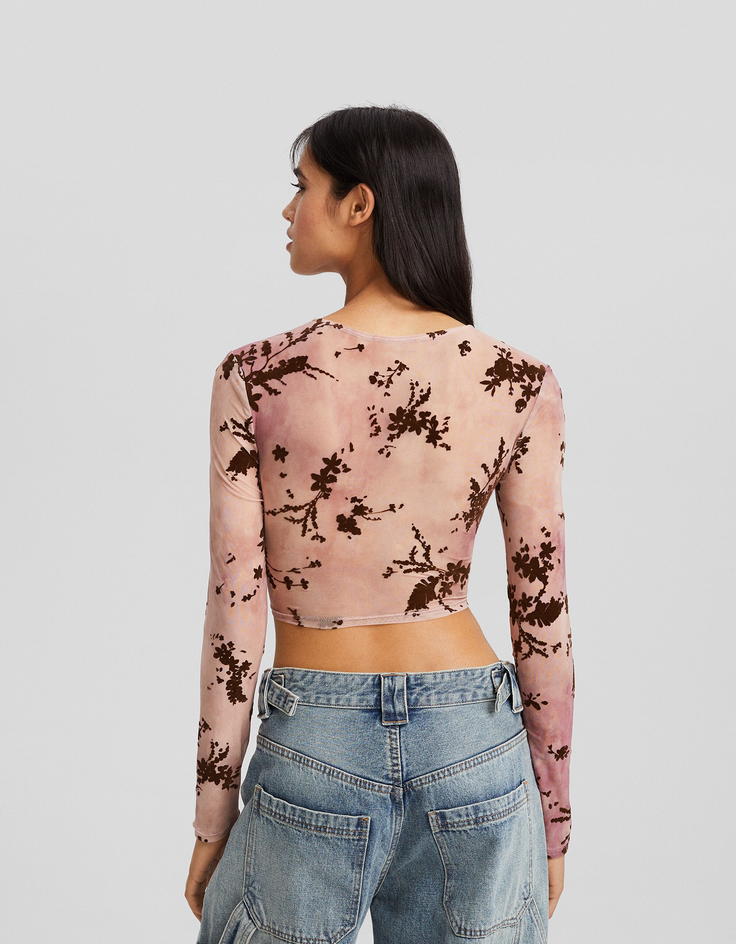 Long sleeve tulle T-shirt with floral print - Women | Bershka