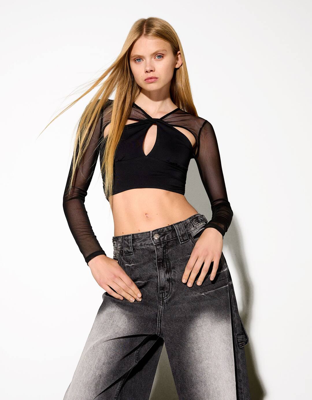 Long sleeve contrast tulle T-shirt