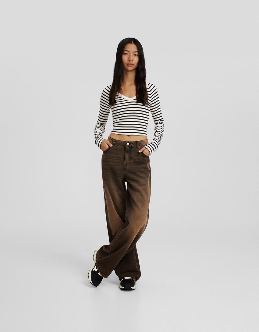 Uzun kollu V yaka t-shirt-Beyaz/Siyah-3