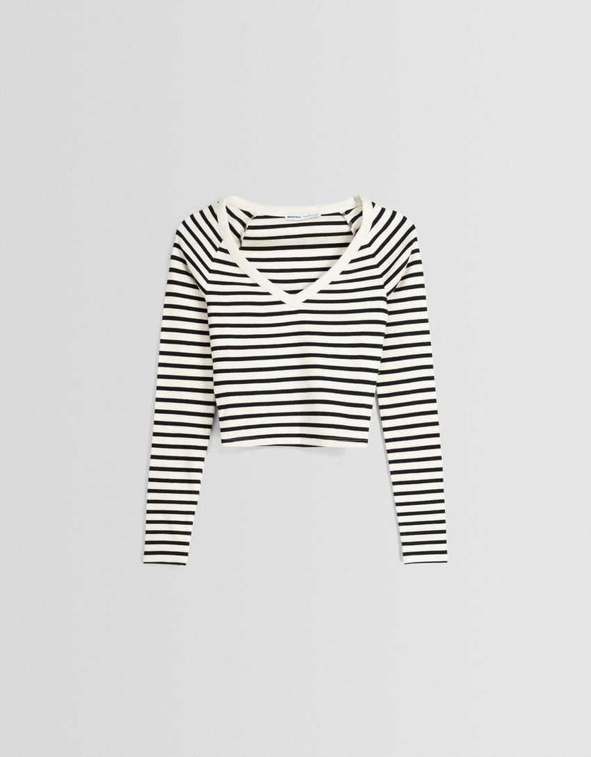 Uzun kollu V yaka t-shirt-Beyaz/Siyah-4