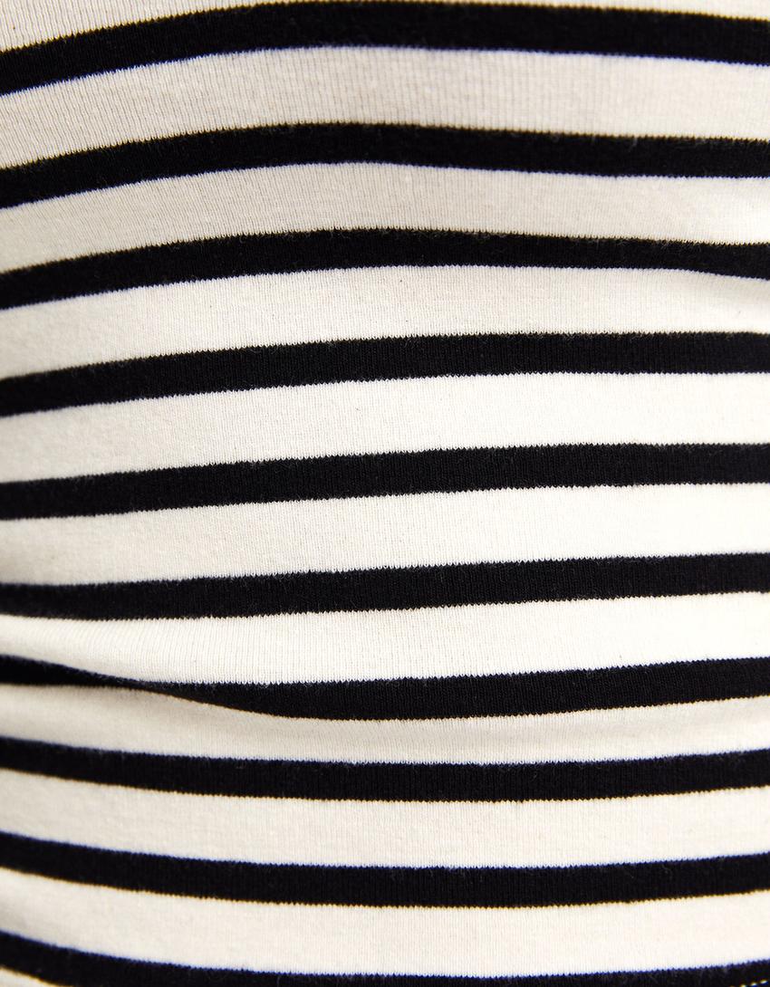 Uzun kollu V yaka t-shirt-Beyaz/Siyah-5