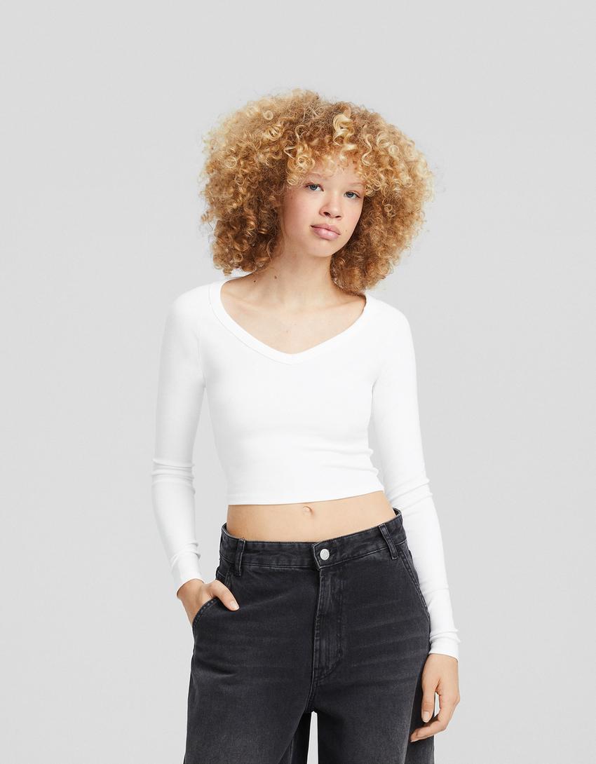 Long sleeve V-neck T-shirt-White-0