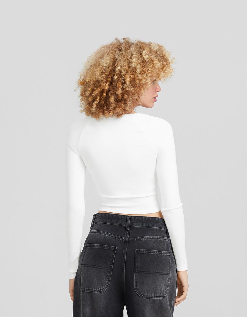 Long sleeve V-neck T-shirt-White-2