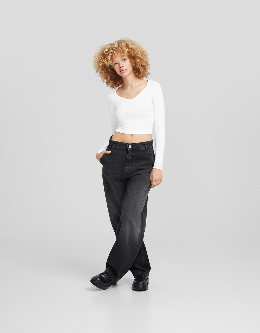 Long sleeve V-neck T-shirt-White-3