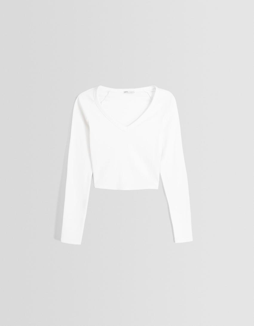 Long sleeve V-neck T-shirt-White-4