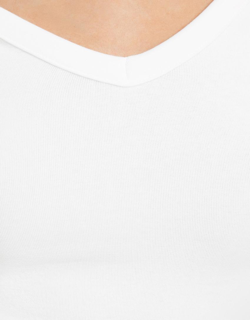 Long sleeve V-neck T-shirt-White-5