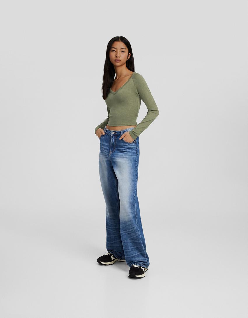 Uzun kollu V yaka t-shirt-Haki-3