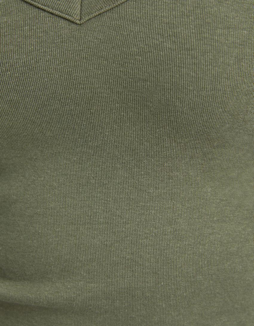 Uzun kollu V yaka t-shirt-Haki-5