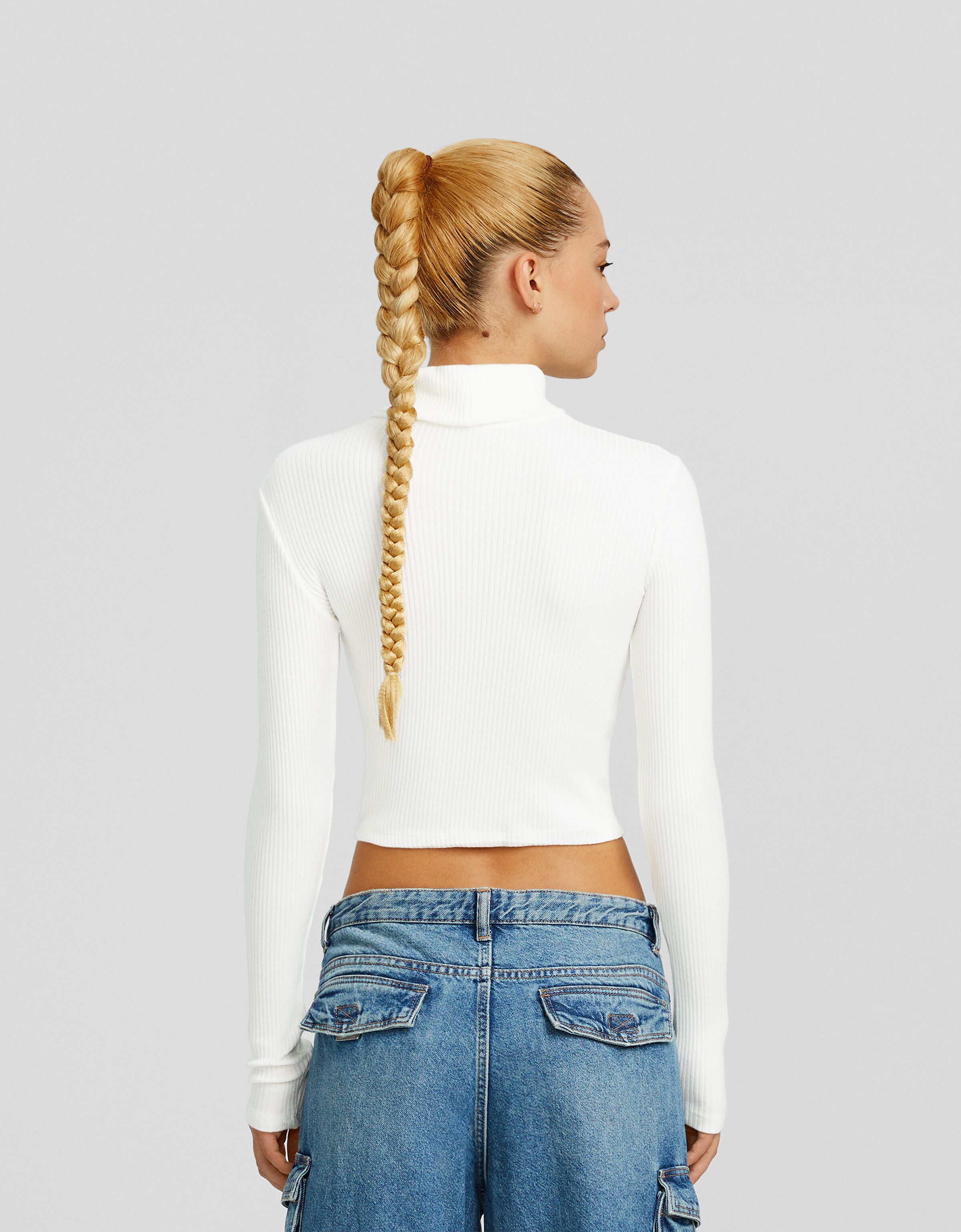 Camisola de malha com gola subida-Cru-1