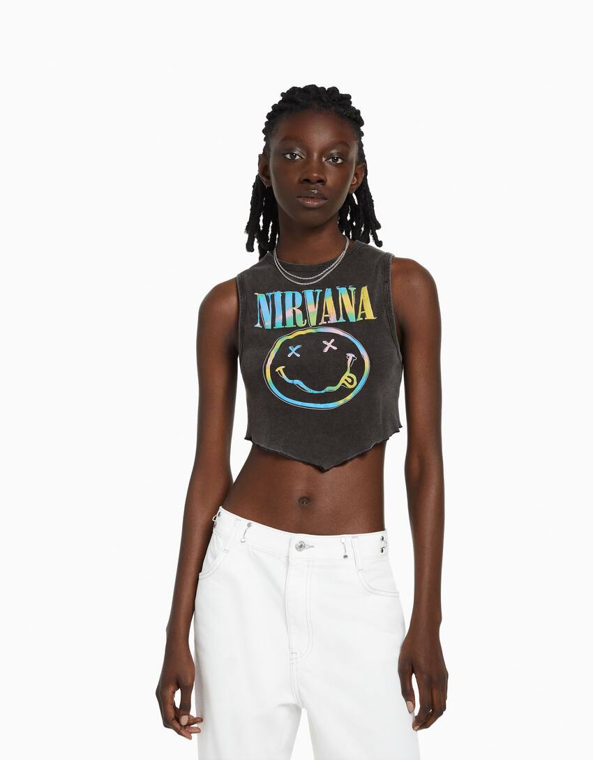 Sleeveless Nirvana print T-shirt-Dark grey-0