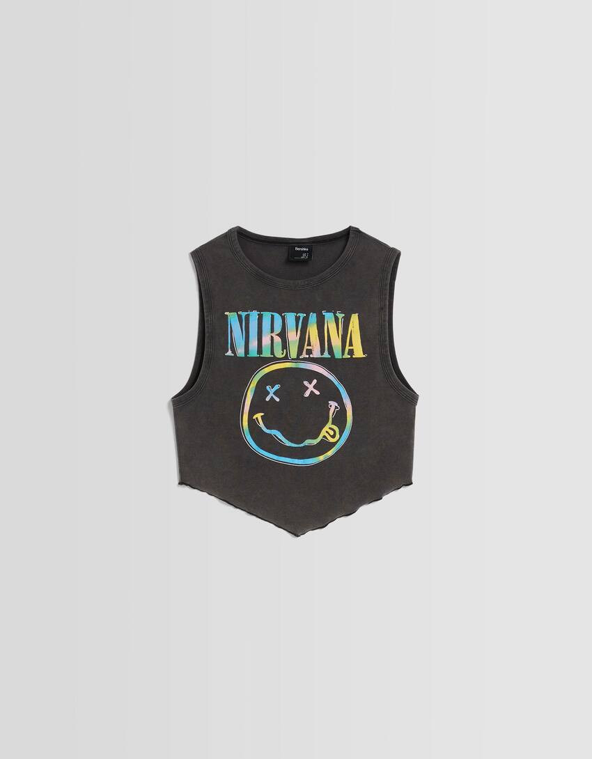 Sleeveless Nirvana print T-shirt-Dark grey-4