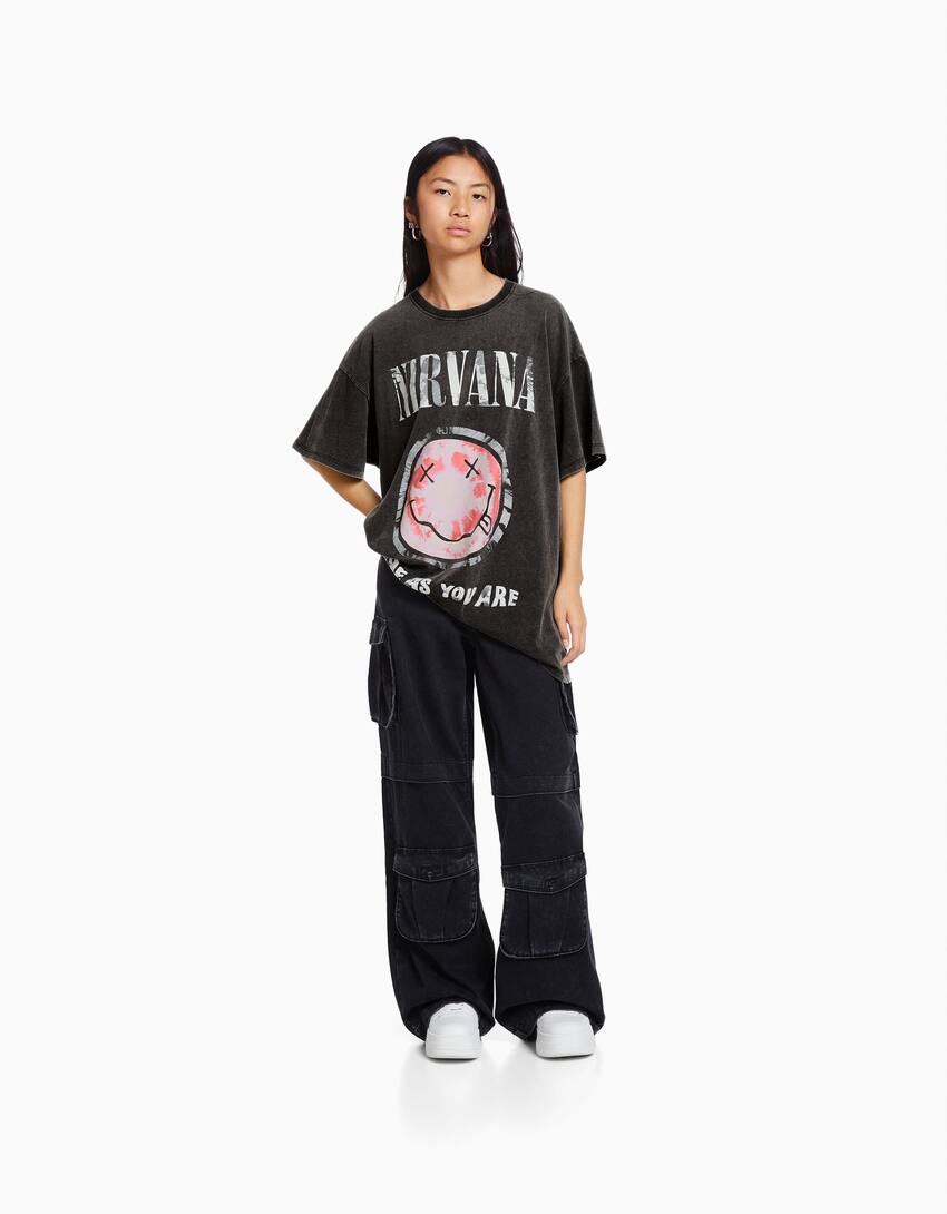 Printed short sleeve oversize Nirvana T-shirt-Grey-3