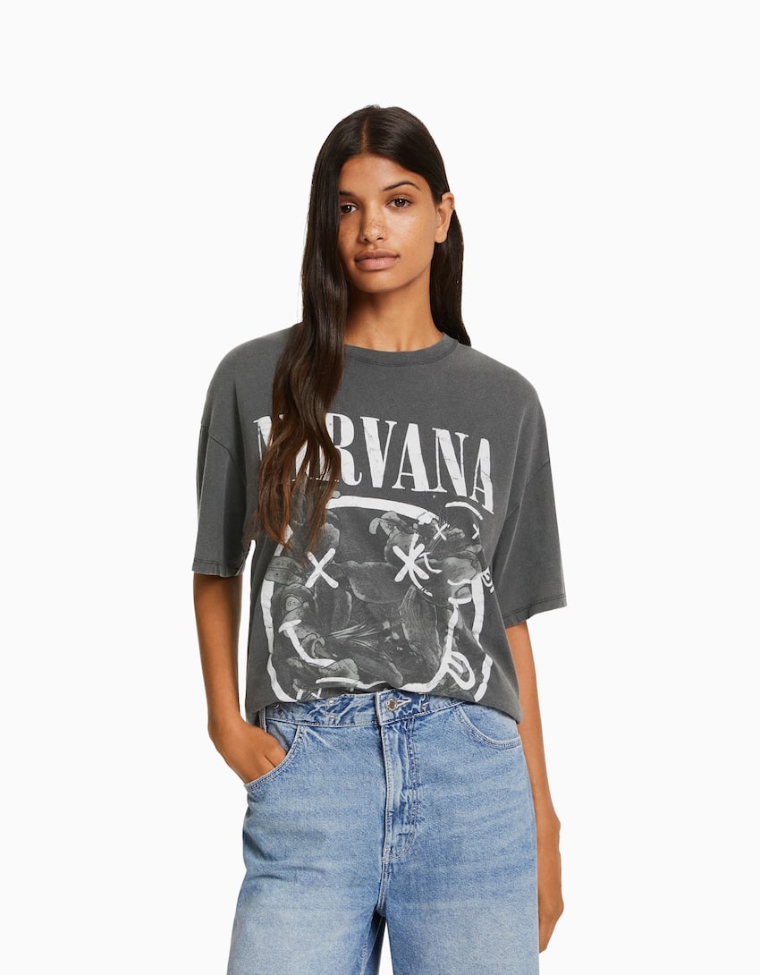 Printed short sleeve oversize Nirvana T-shirt-Grey-0
