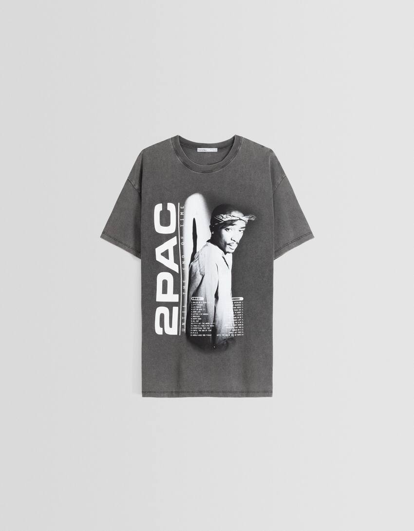 Faded Tupac print short sleeve T-shirt-Grey-0