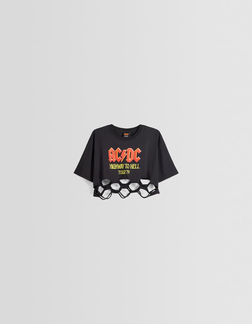 Ripped AC/DC print short sleeve T-shirt-Grey-0