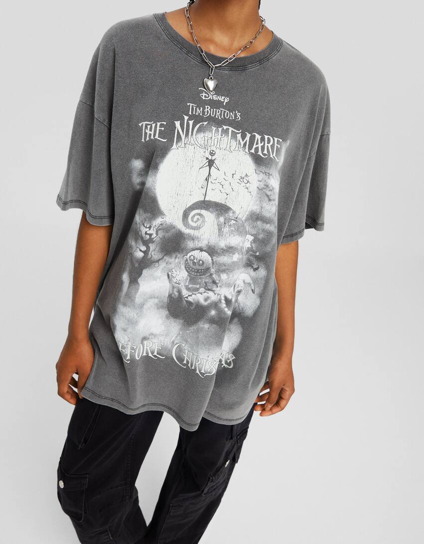 Short sleeve T-shirt with a Nightmare Before Christmas print-Grey-2