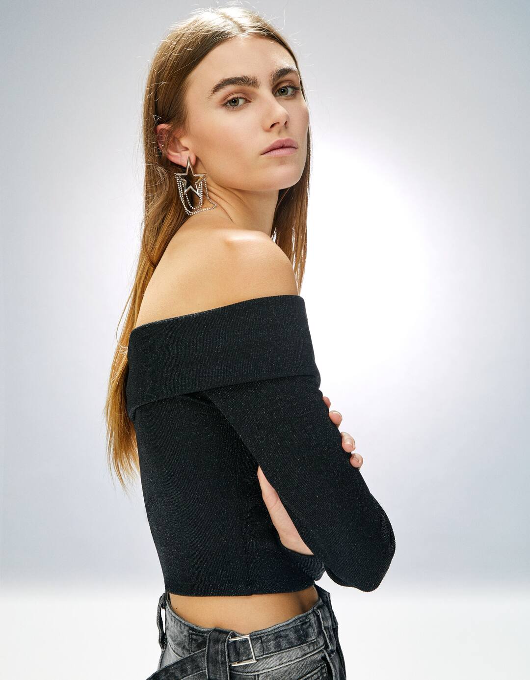Long sleeve sparkly Bardot T-shirt