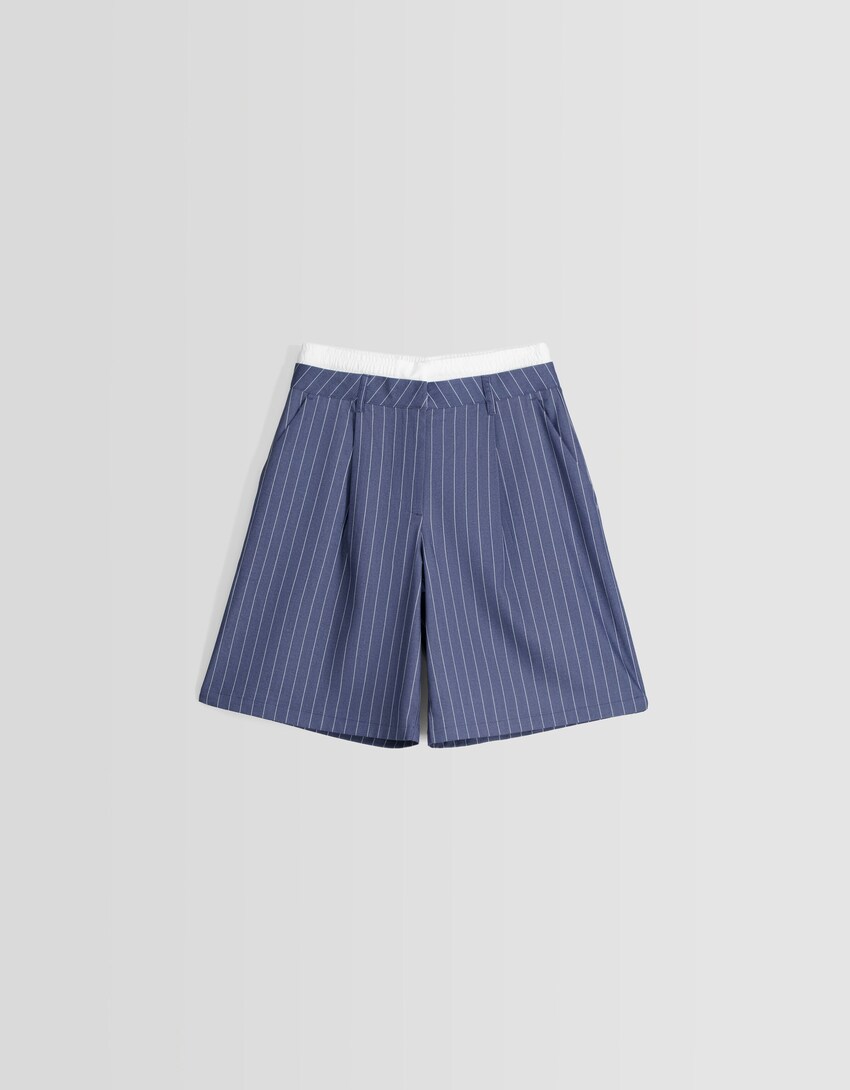 Tailored striped Bermuda shorts with underwear-Blue-4