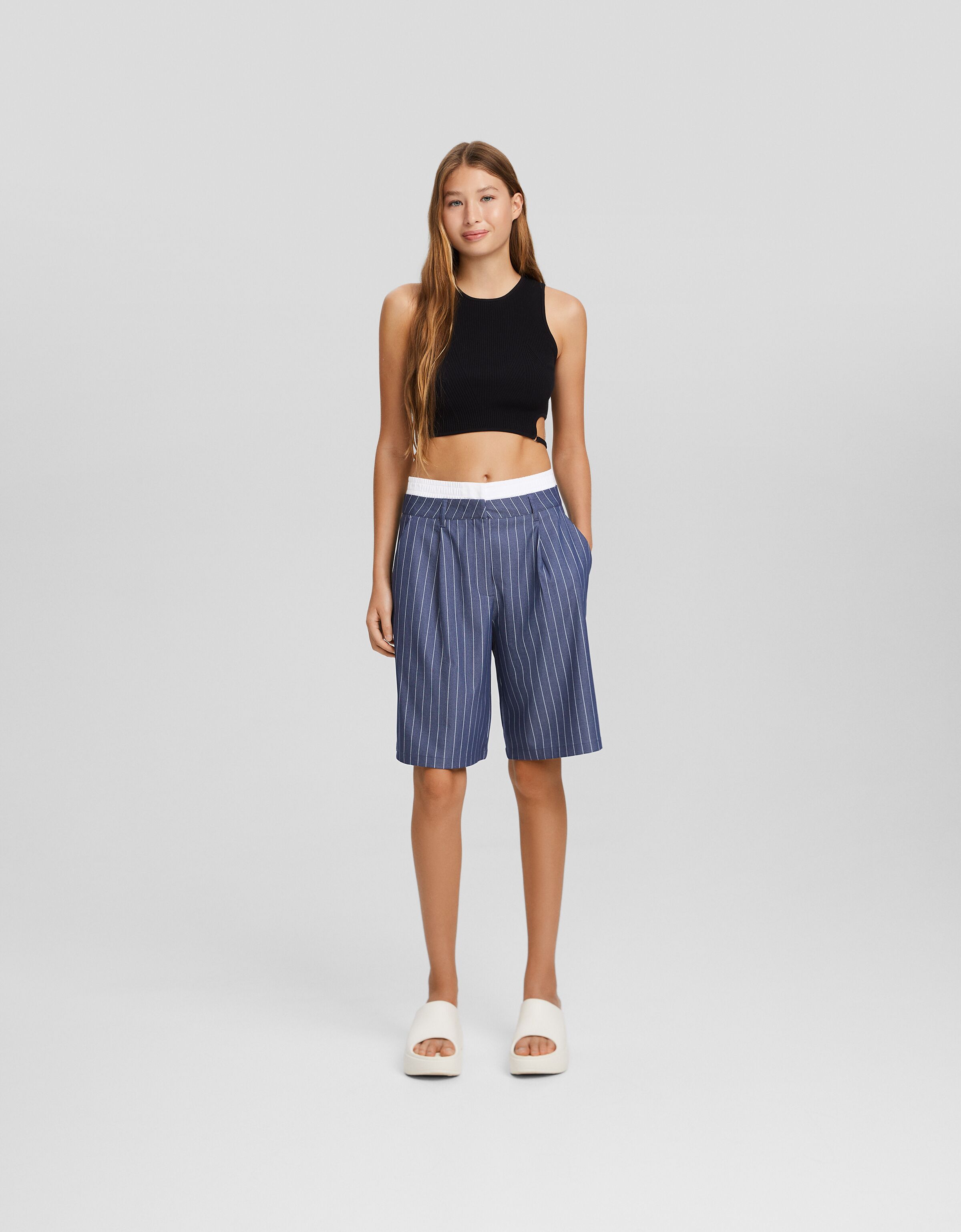 Tailored striped Bermuda shorts with underwear BSK Teen Bershka