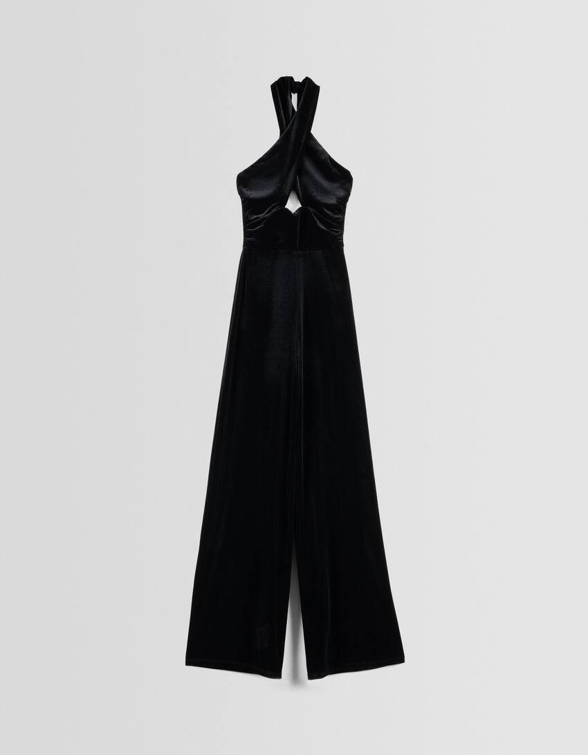 Velvet halter jumpsuit with surplice neckline-Black-4