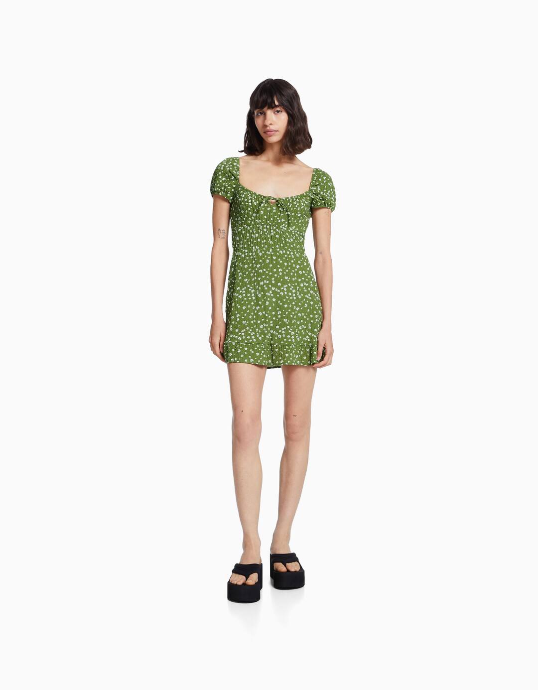 Short sleeve waffle-knit mini dress