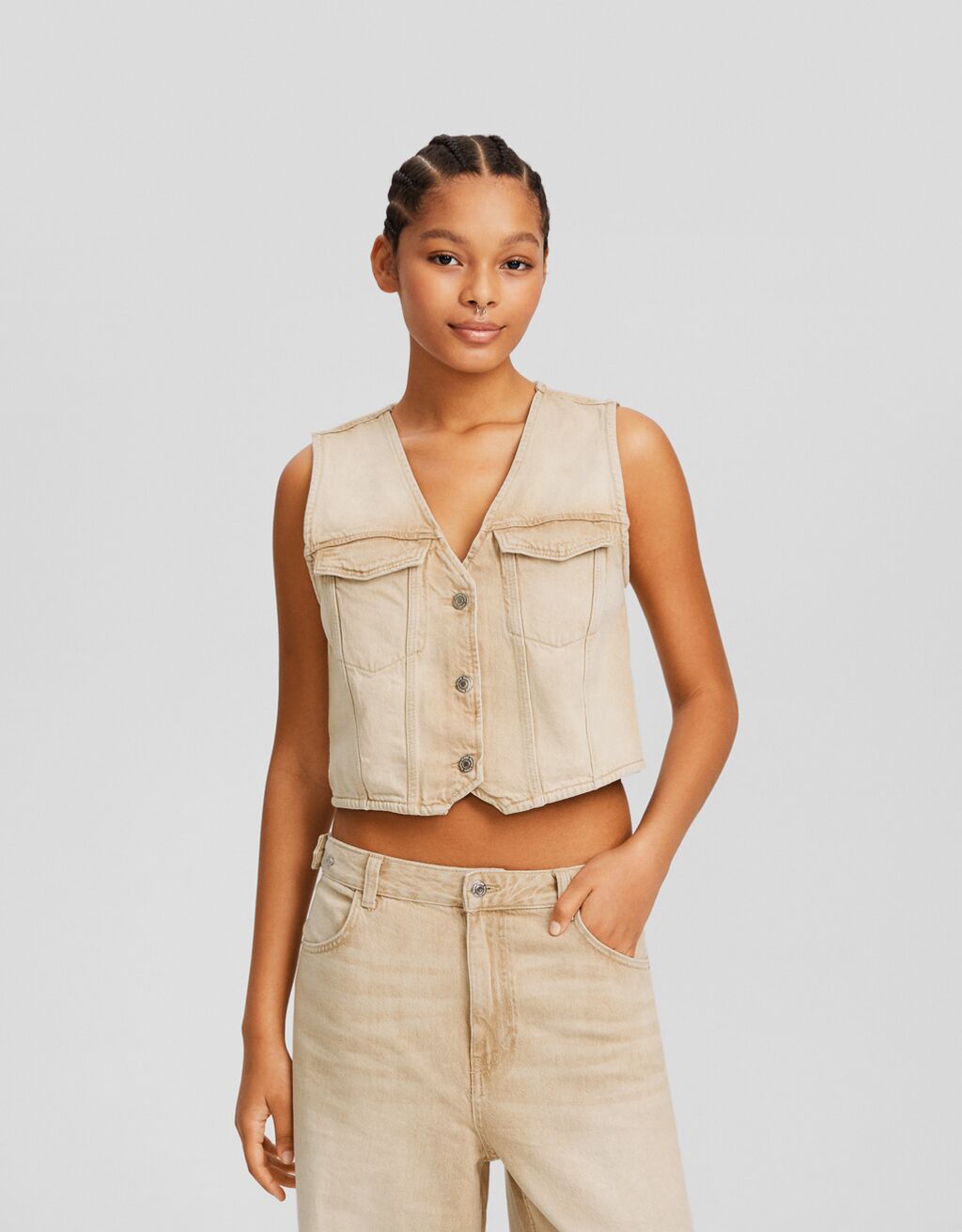 Bershka pocket front utility cheap denim jacket in beige