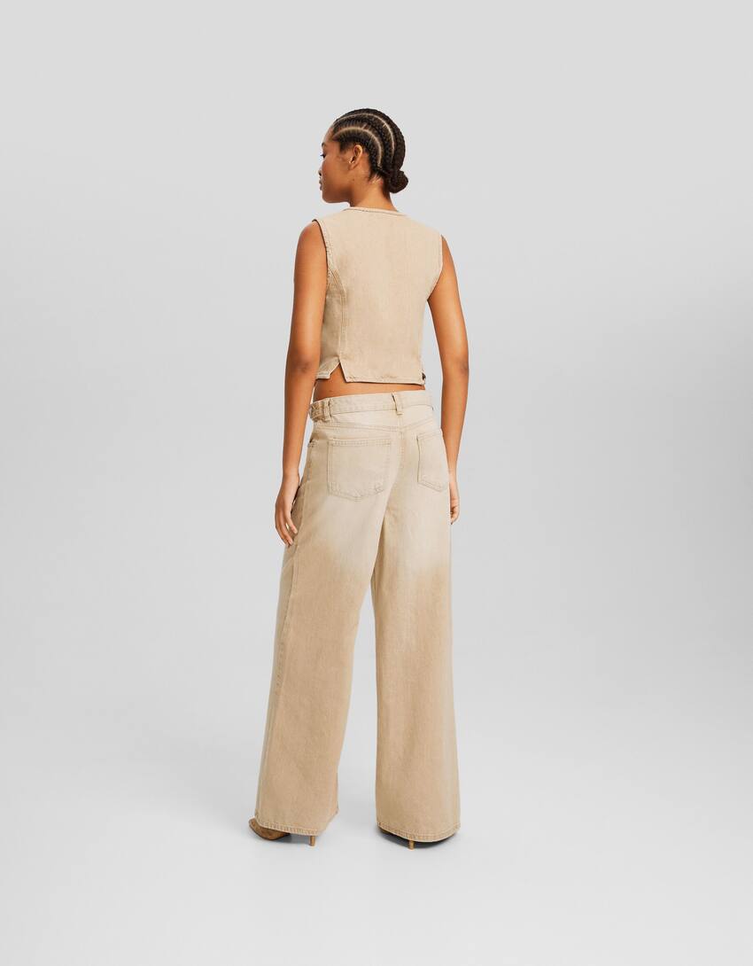 Denim waistcoat with buttons-Cream-1