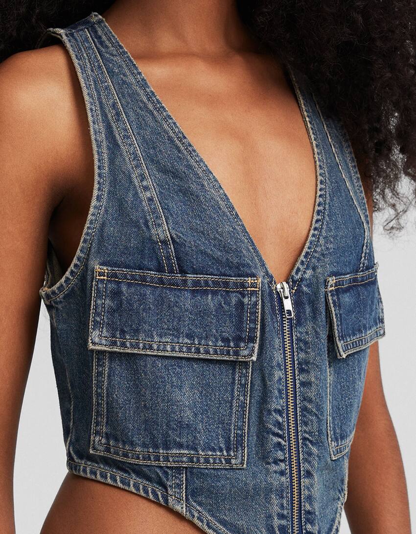 Denim waistcoat with zip-Washed out blue-5