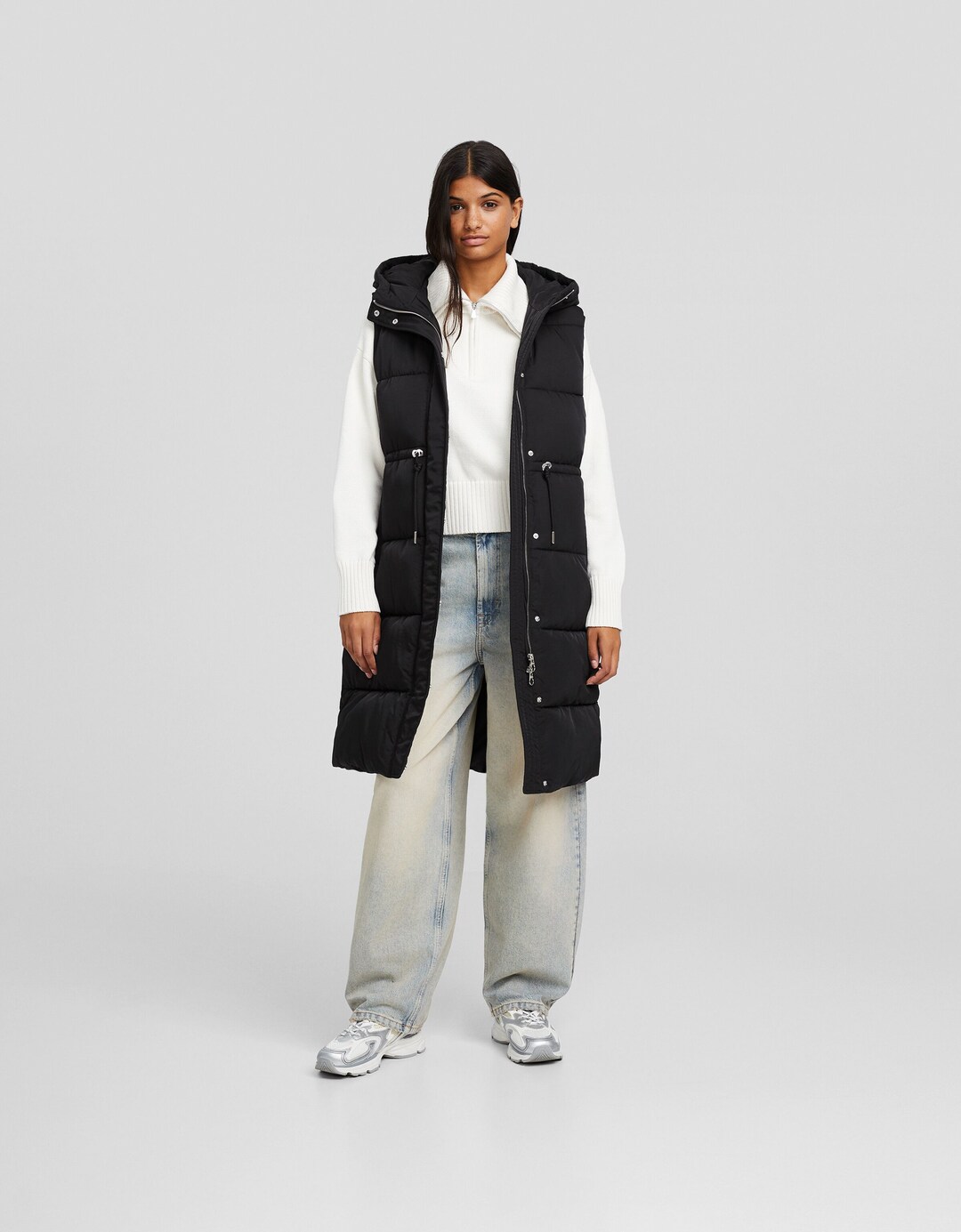 Long hoodie nylon-blend sleeveless jacket