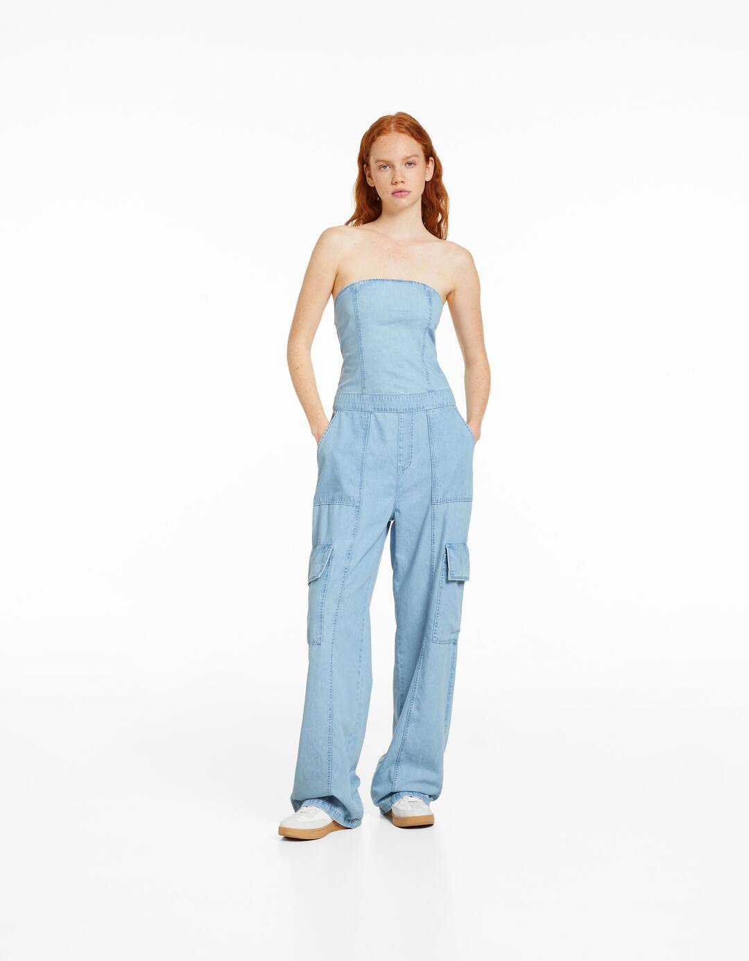 Denim bandeau cargo jumpsuit