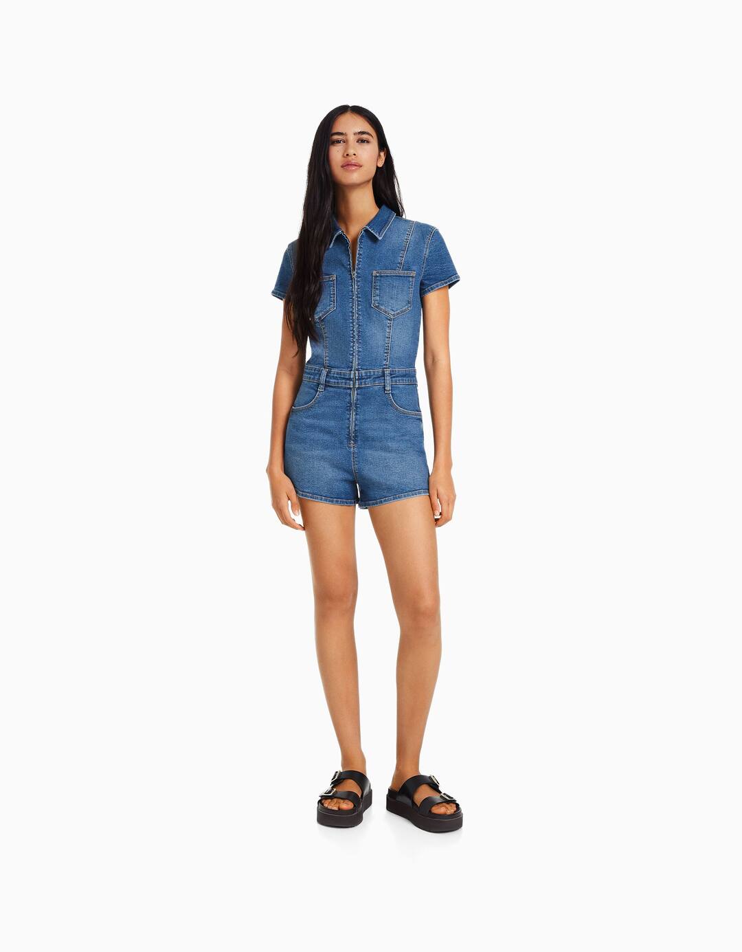 Denim playsuit with zip