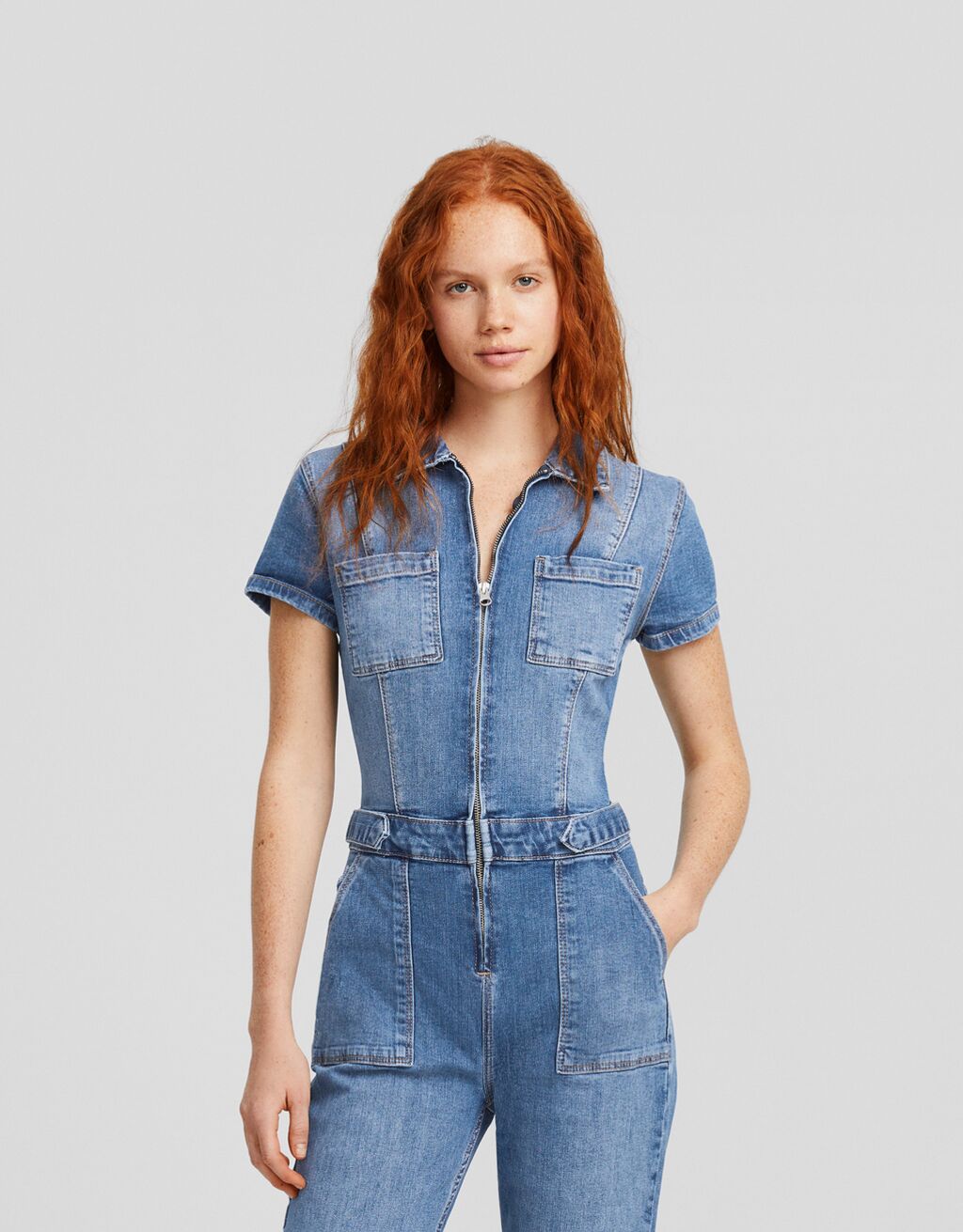 Short sleeve denim jumpsuit