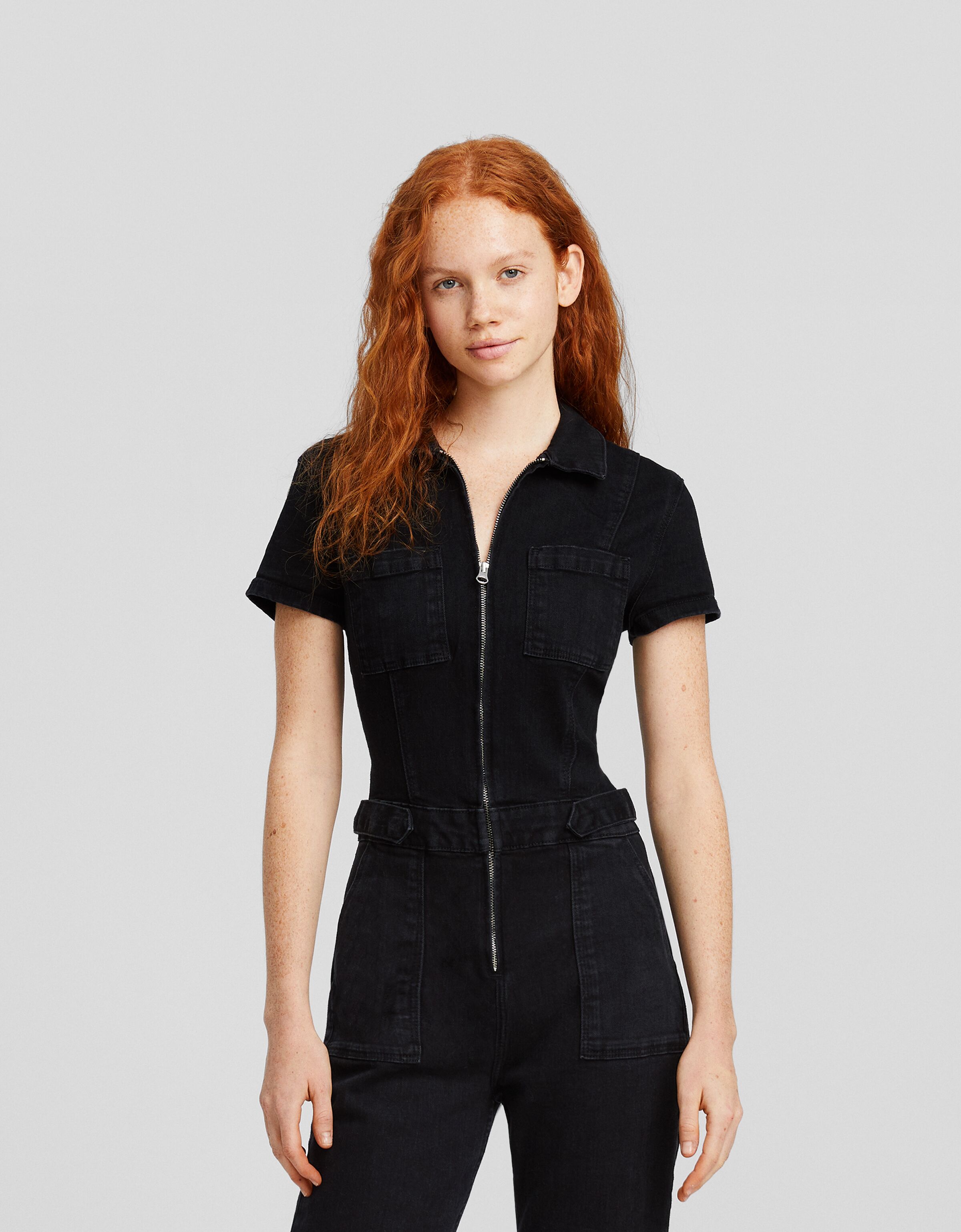Short sleeve denim jumpsuit Women Bershka