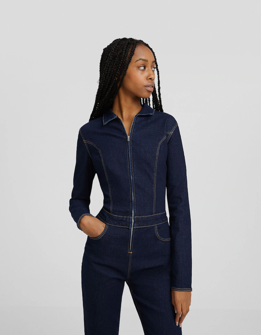 Long denim jumpsuit with long sleeves and zipper - Women