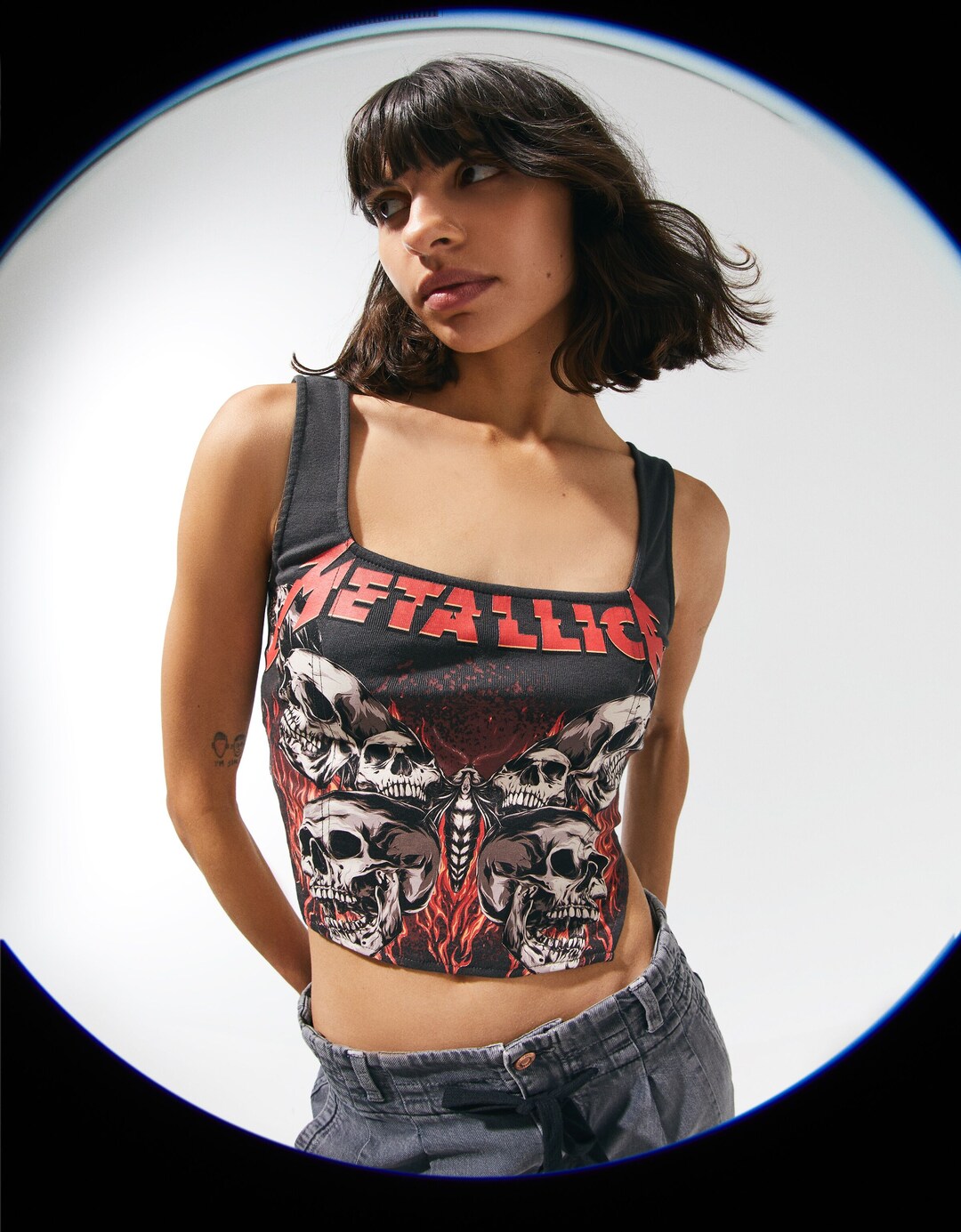 Metallica print corset top with straps