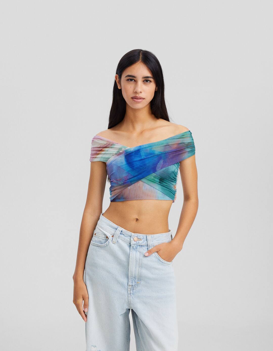Printed crossover tulle short sleeve top