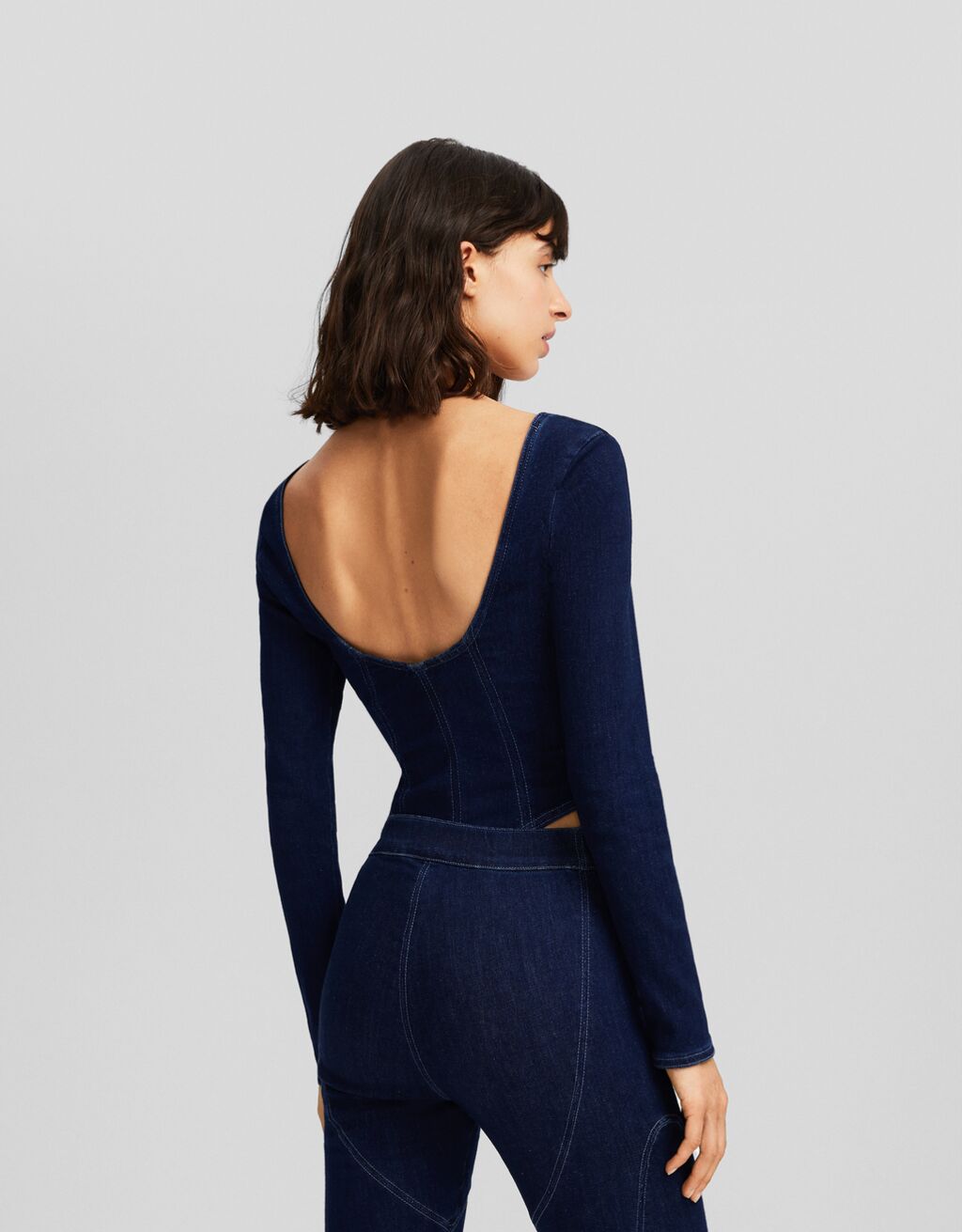 Denim long sleeve bodycon bodysuit with cut out detail Promotion