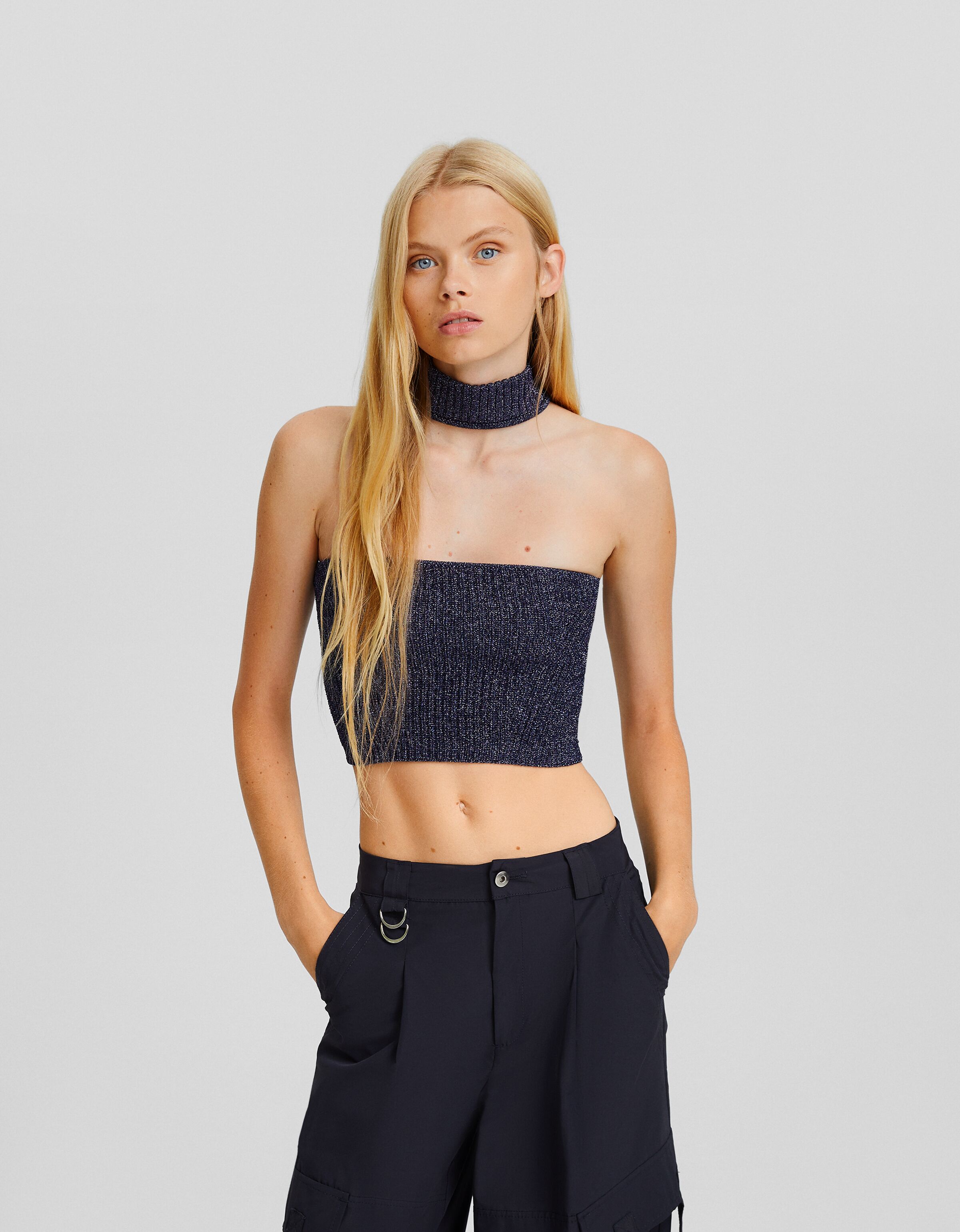 Shimmery knit choker necklace-style top - Evening - Women | Bershka