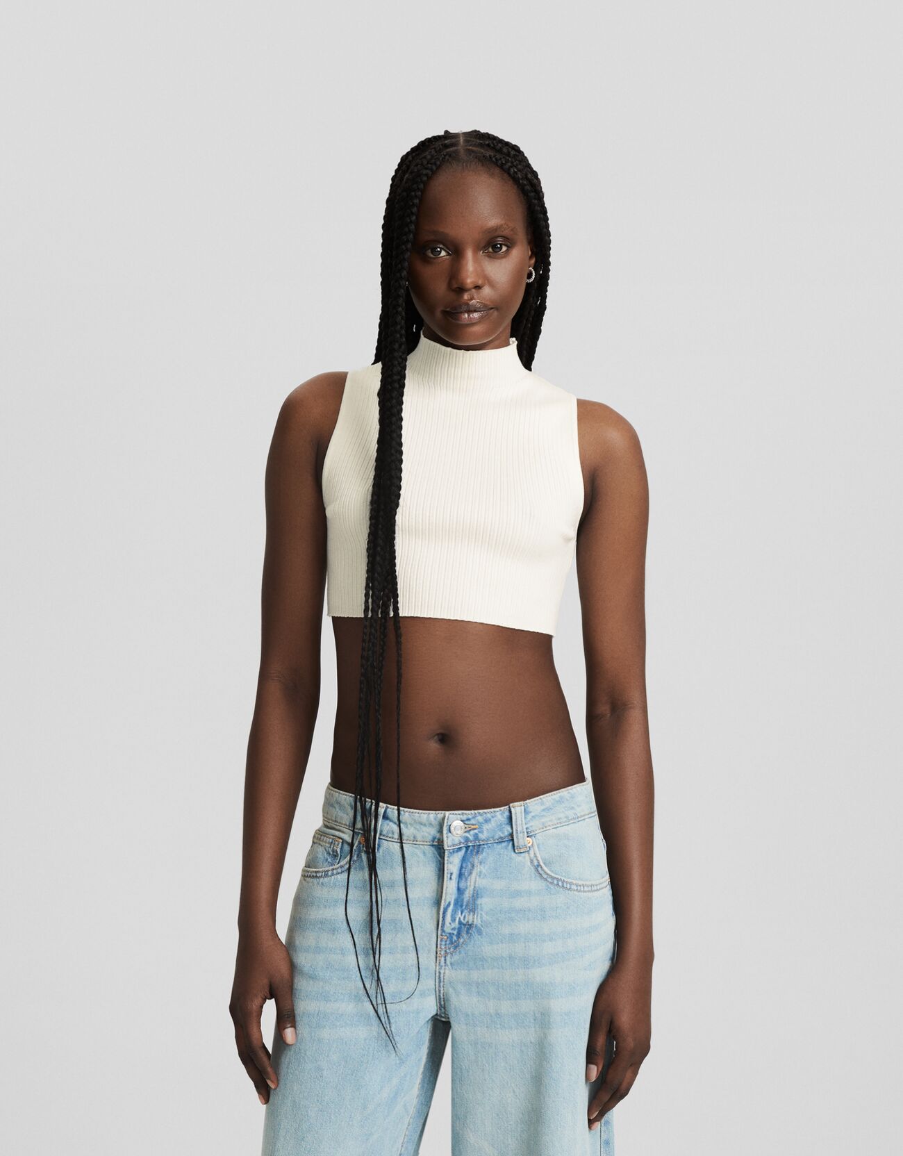 Knitted Denim Distressed High Neck Tank Top