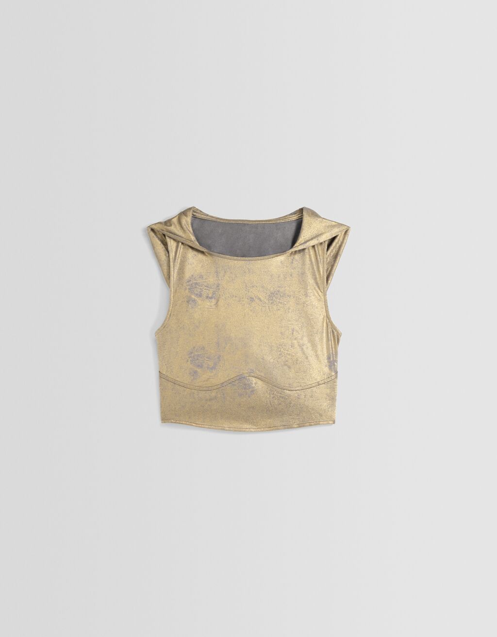 Sleeveless metallic T-shirt with a hood and open back