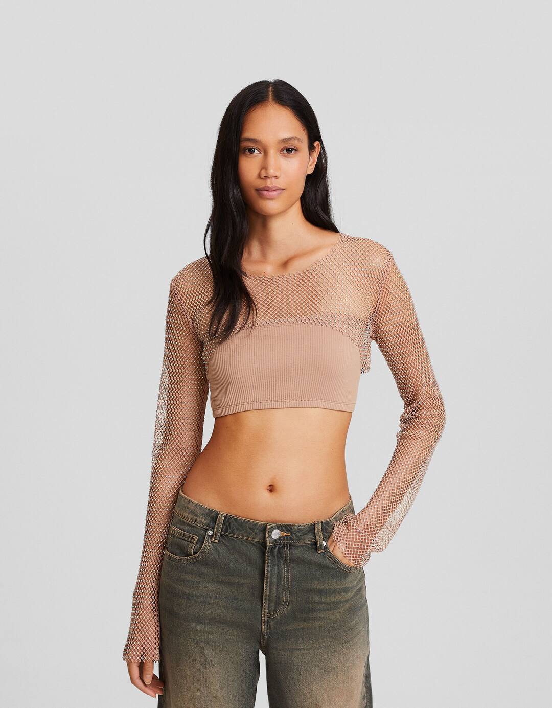 Long sleeve rhinestone mesh T-shirt