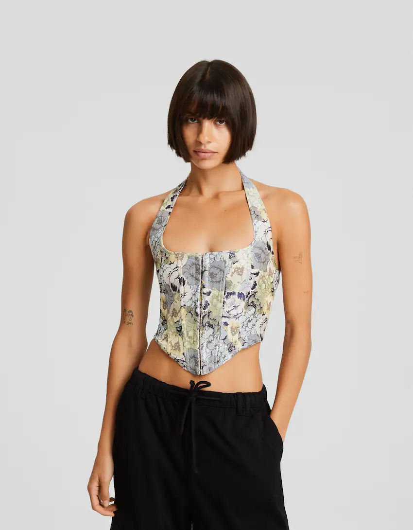 Floral Printed Strappy Bengaline Corset Top