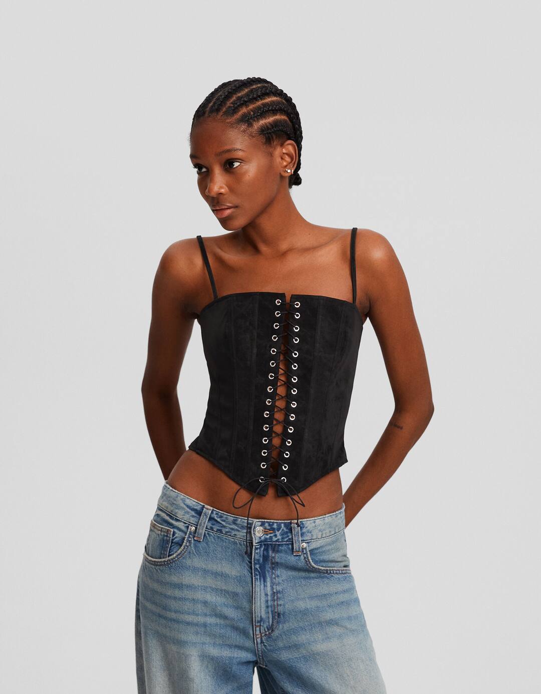 Cropped leather effect strappy top with tie