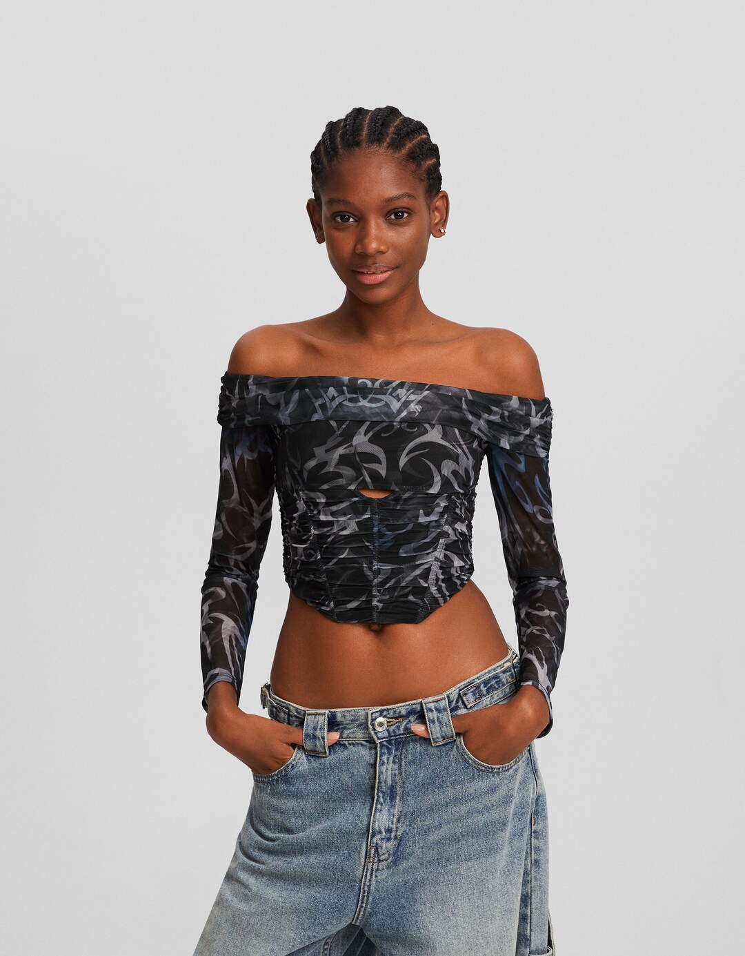 Long sleeve corset tulle print T-shirt with cut-out