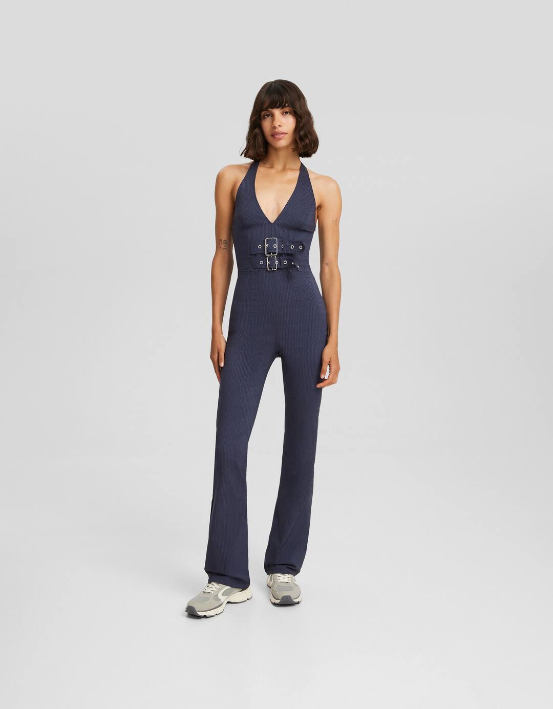 Fitted pinstripe jumpsuit with buckles