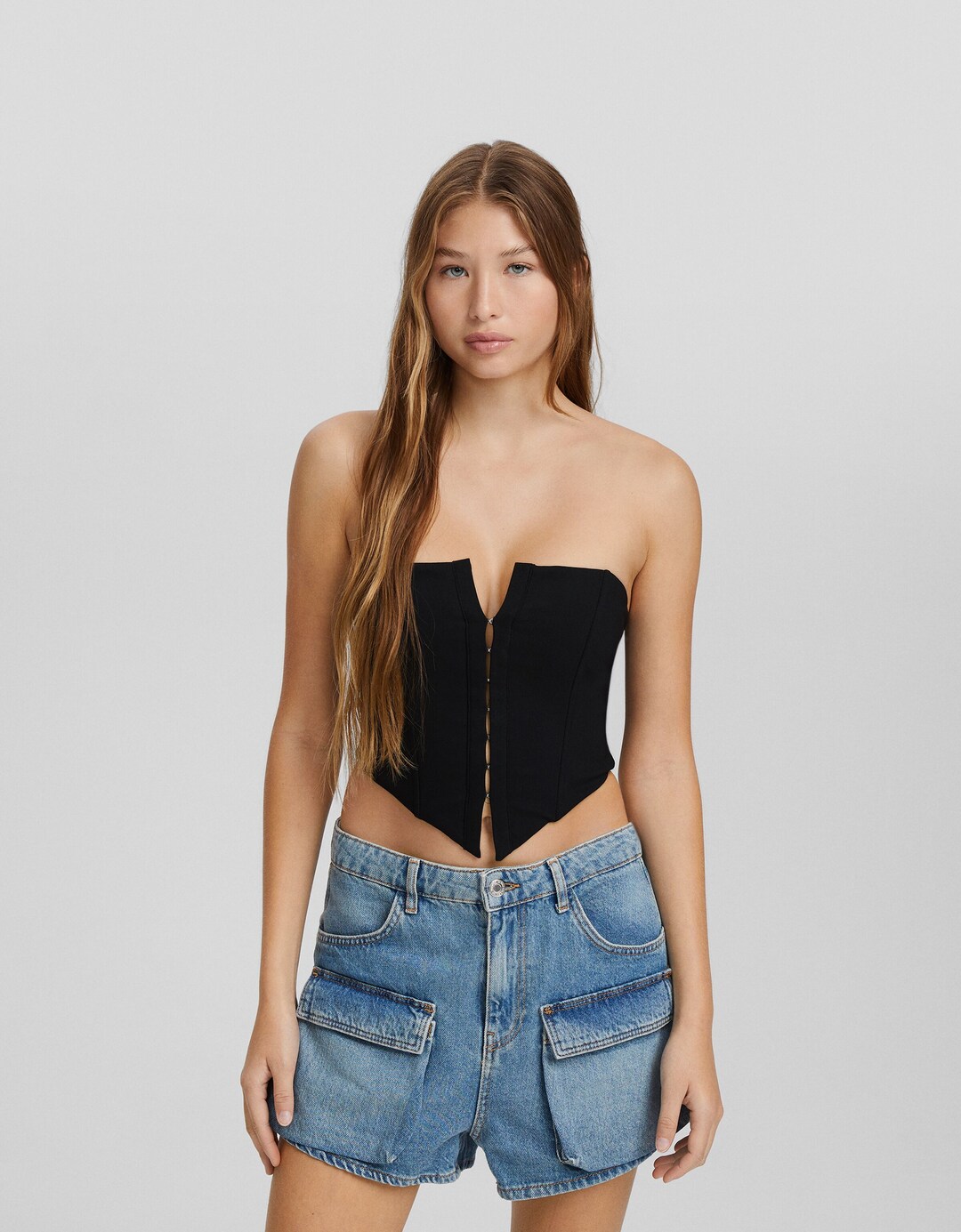 Bandeau top with hook-and-eye clasps