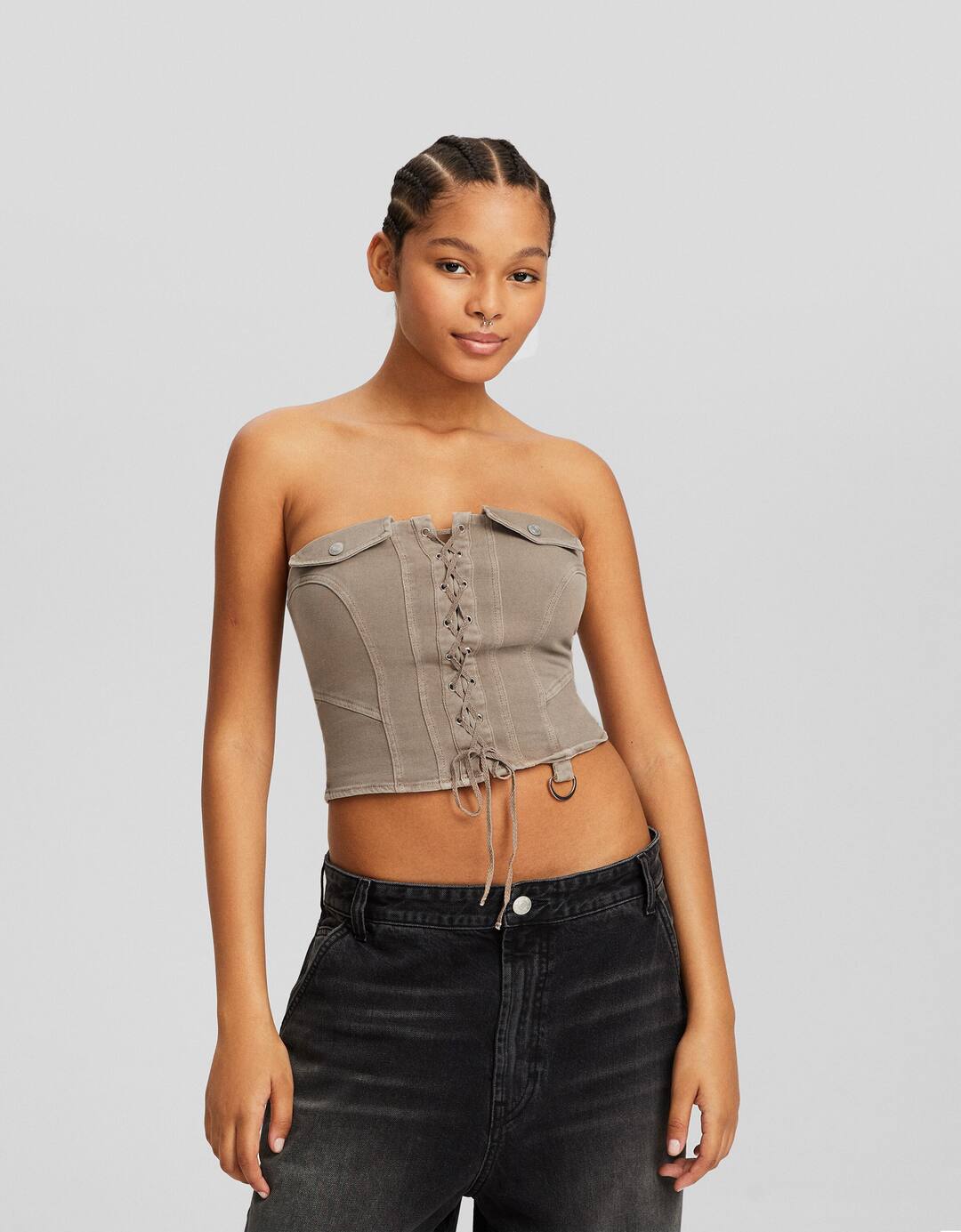 Faded twill utility top with tie detail