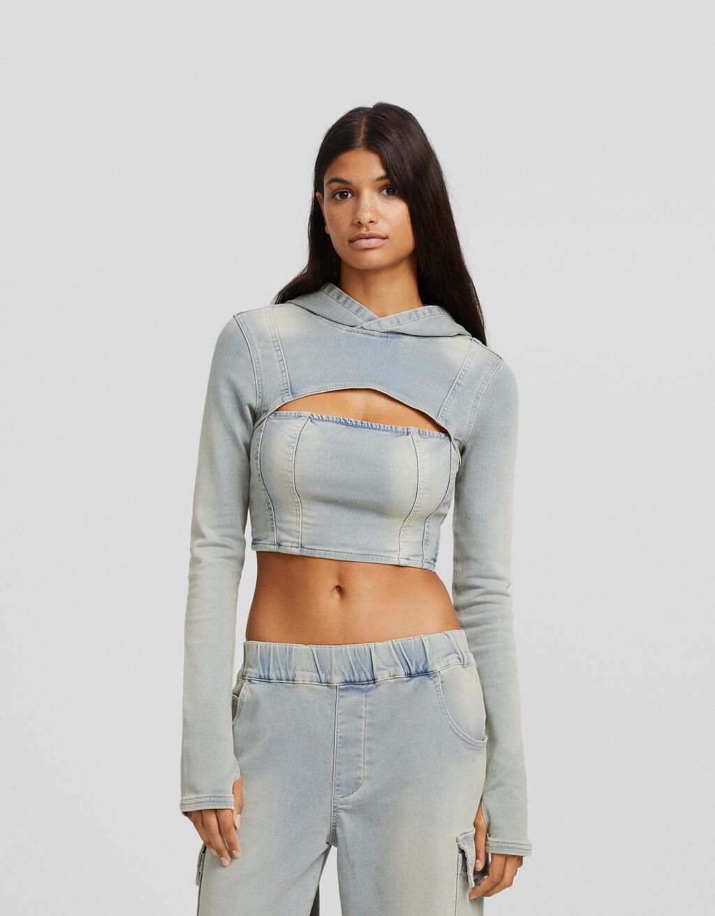 Denim hoodie with grey sleeves store