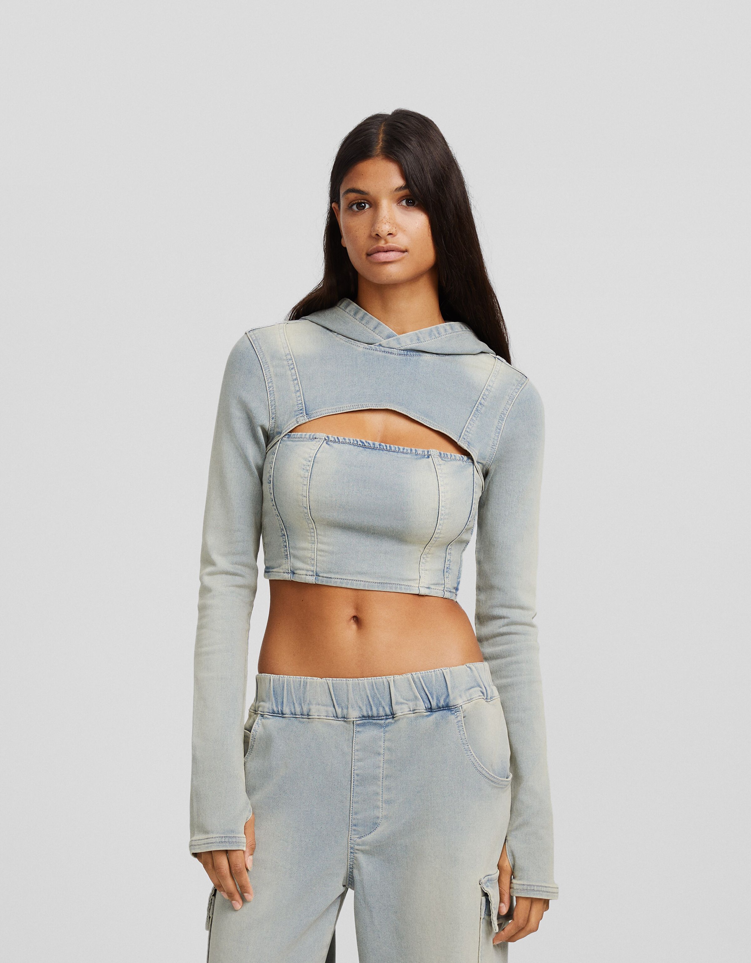 Denim crop top sales long sleeve