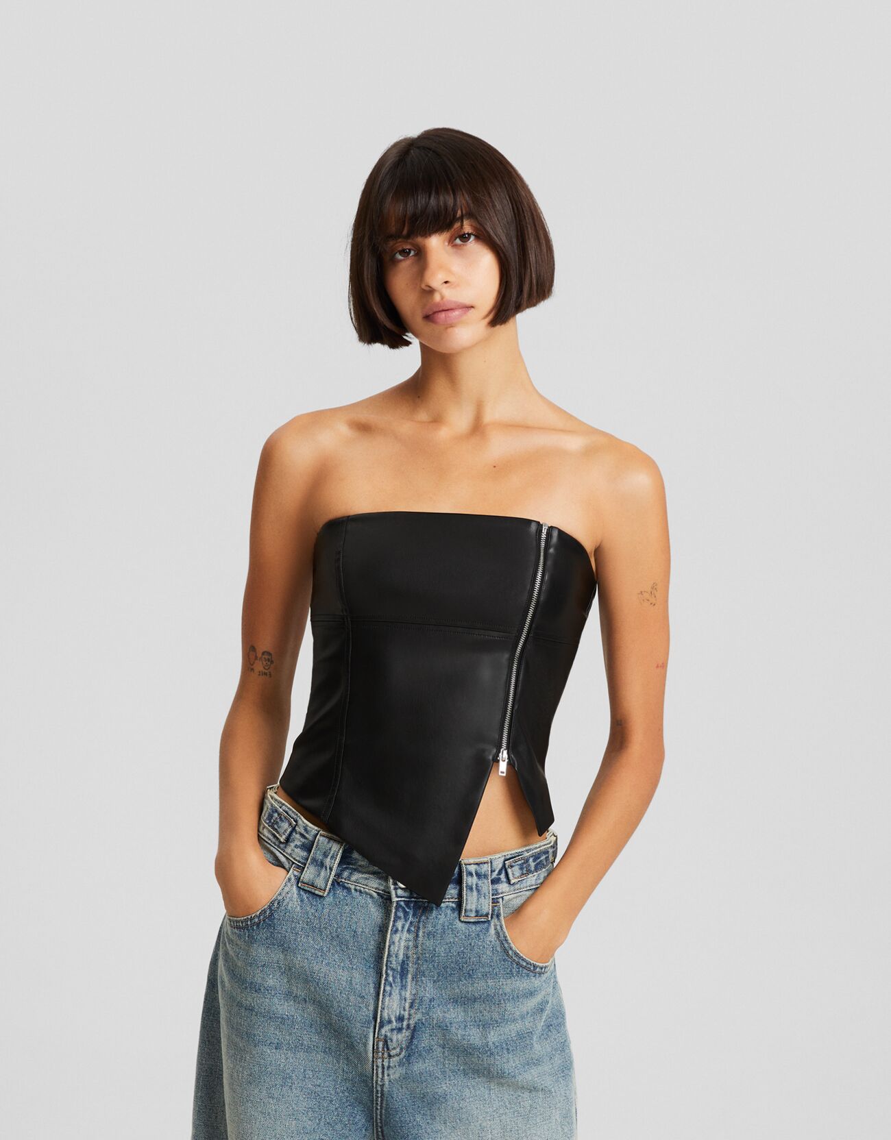 Faux leather bandeau crop top with zip - T-shirts and tops - Women